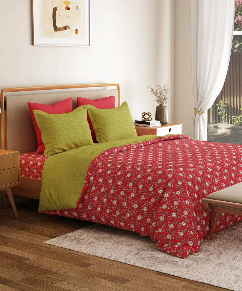 Printed Double Bedsheet Set, Petal Pop Red